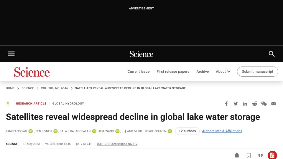 Screenshot of science.org: Satellites reveal widespread decline in global lake water storage