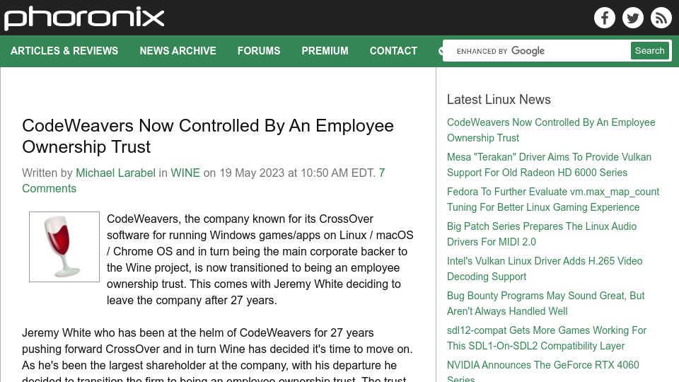 Screenshot of phoronix.com: CodeWeavers Now Controlled by an Employee Ownership Trust