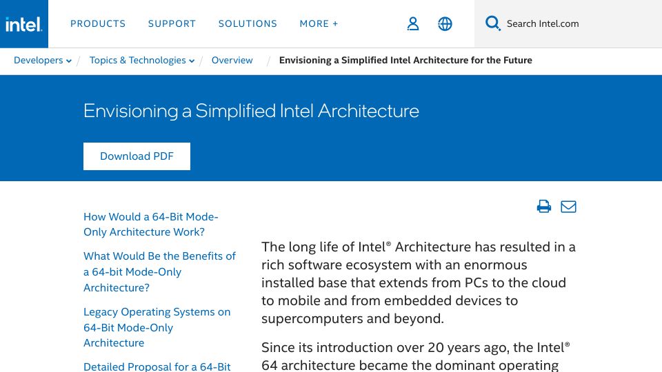 Screenshot of intel.com: Envisioning a Simplified Intel Architecture