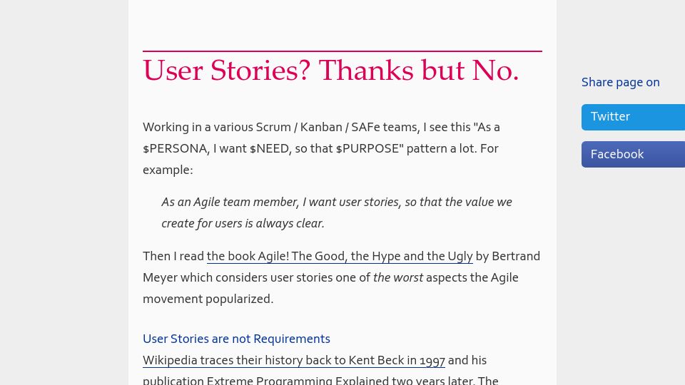 Screenshot of beza1e1.tuxen.de: User stories? thanks but no