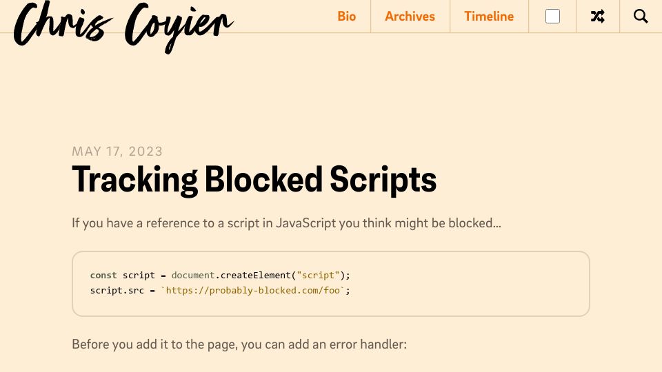 Screenshot of chriscoyier.net: Tracking Blocked Scripts