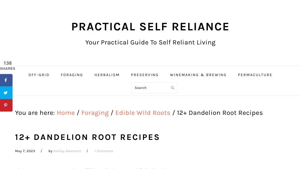 Screenshot of practicalselfreliance.com: Dandelion Root Recipes