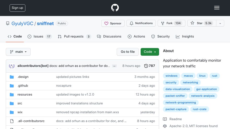 Screenshot of github.com: Sniffnet: Open-source, cross platform application to monitor network traffic