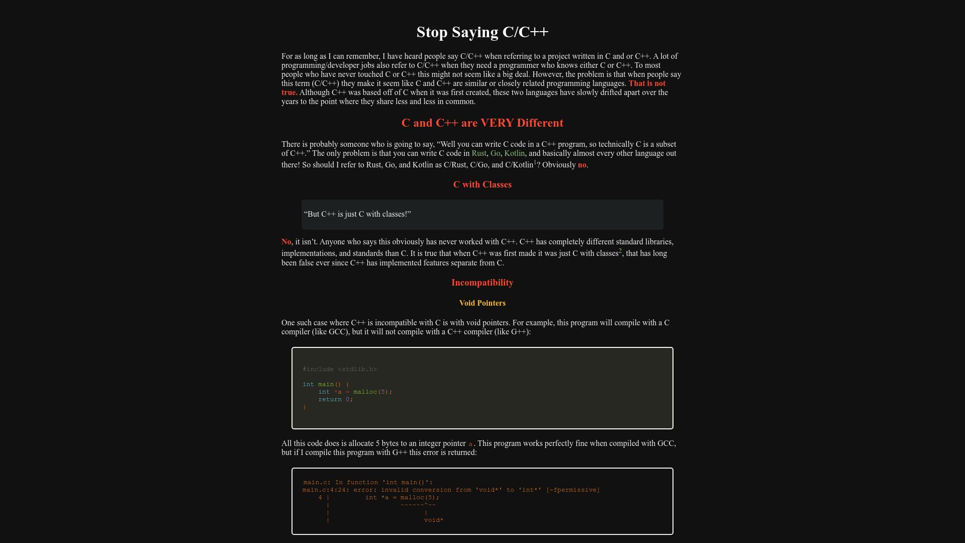 Screenshot of brycevandegrift.xyz: Stop Saying C/C++