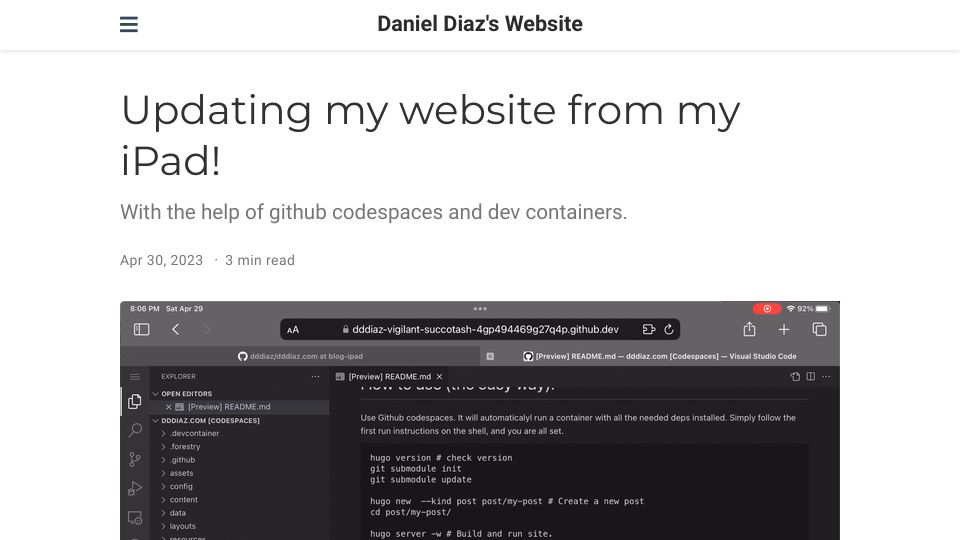 Screenshot of dddiaz.com: Updating my website from my iPad