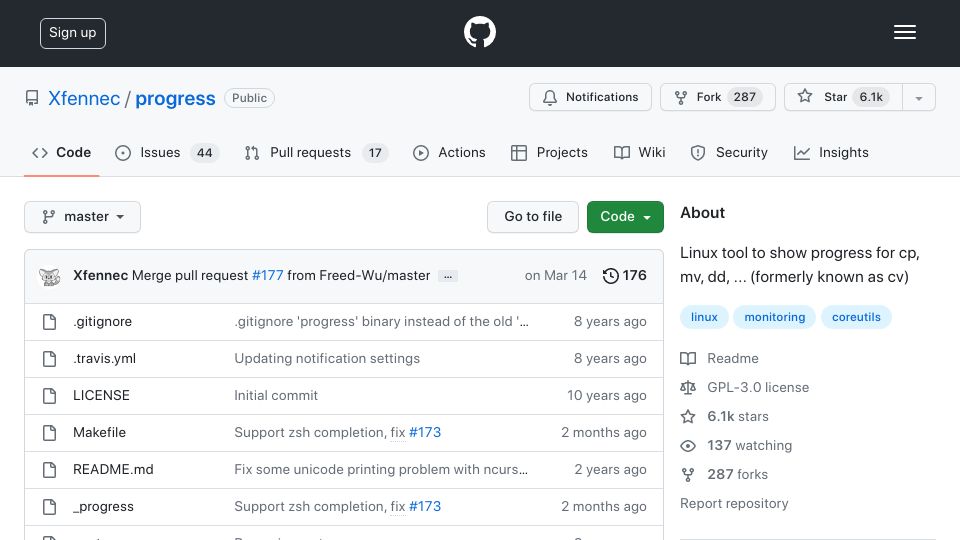 Screenshot of github.com: Linux tool to show progress for cp, mv, dd