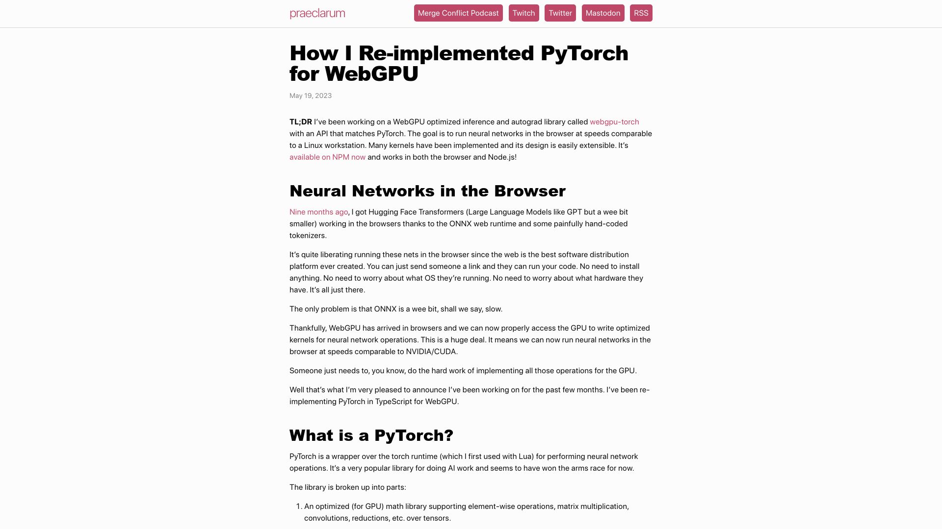 Screenshot of praeclarum.org: PyTorch for WebGPU