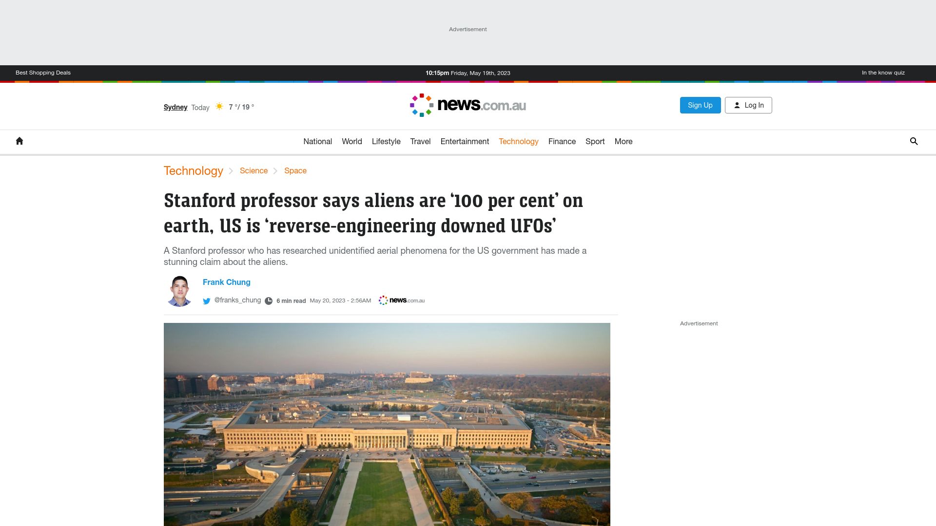 Screenshot of news.com.au: Stanford professor says US is reverse-engineering downed UFOs