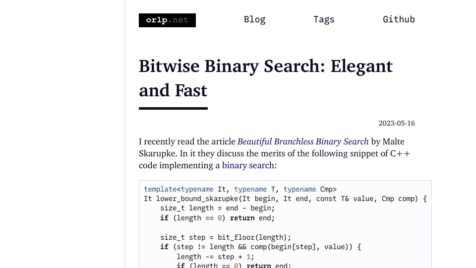 Screenshot of orlp.net: Bitwise Binary Search: Elegant and Fast