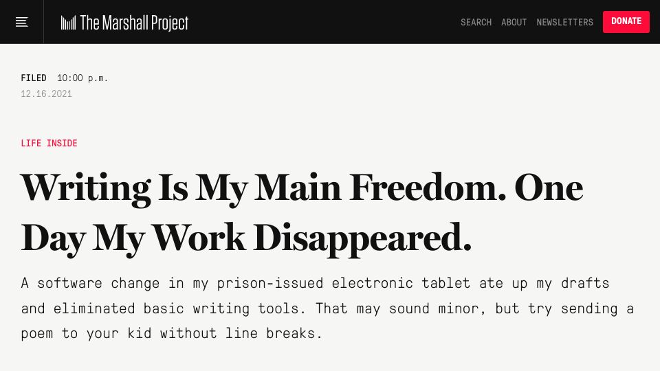Screenshot of themarshallproject.org: Writing Is My Main Freedom. One Day My Work Disappeared (2021)
