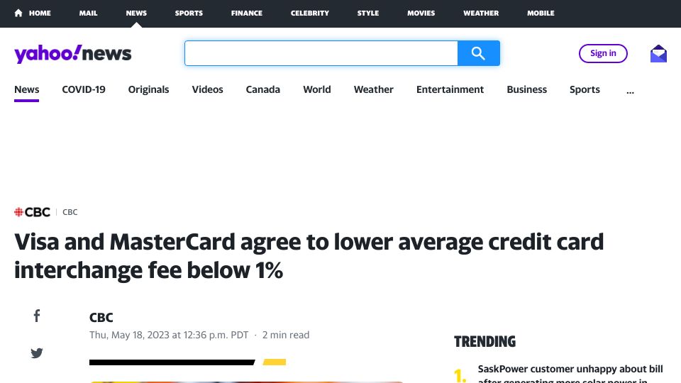 Screenshot of ca.news.yahoo.com: Visa and Mastercard agree to lower average credit card interchange fee below 1%