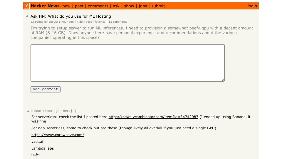 Screenshot of Hacker News post: Ask HN: What do you use for ML Hosting?