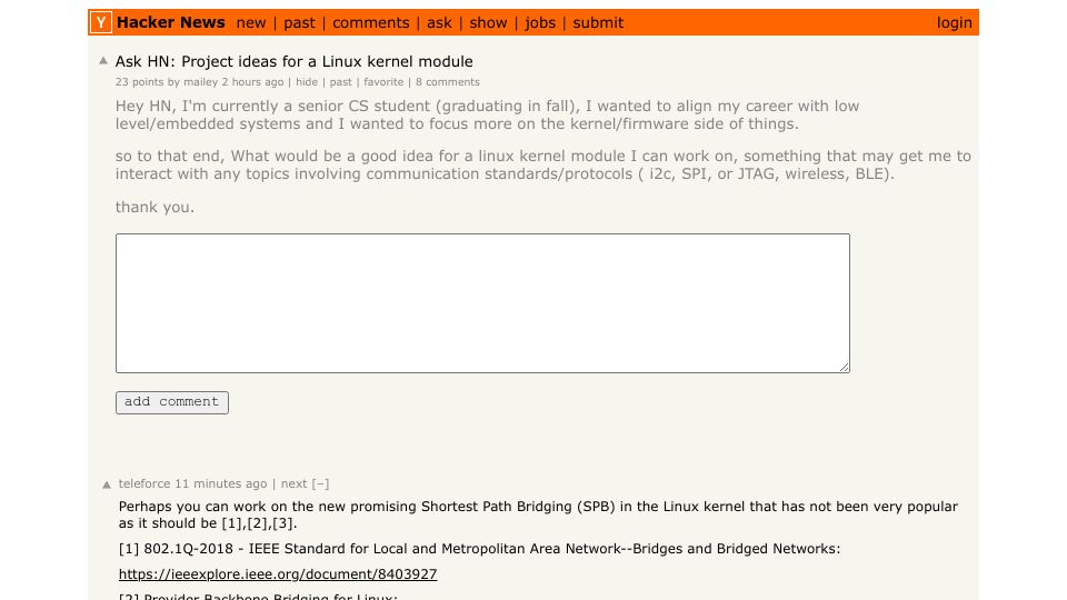 Screenshot of Hacker News post: Ask HN: Project ideas for a Linux kernel module