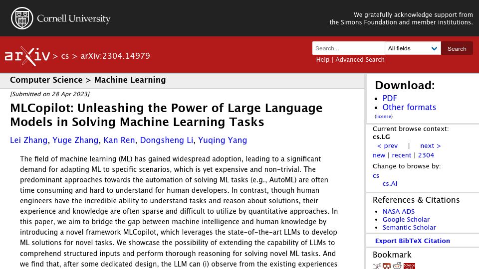 Screenshot of arxiv.org: MLCopilot: Human Expertise Meets Machine Intelligence for Efficient ML Solutions