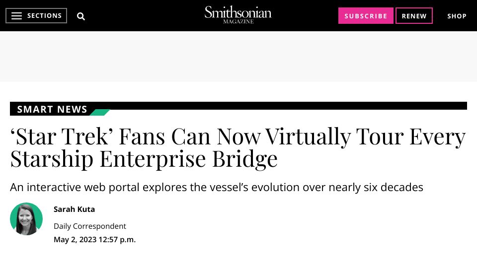 Screenshot of smithsonianmag.com: ‘Star Trek’ Fans Can Now Virtually Tour Every Starship Enterprise Bridge