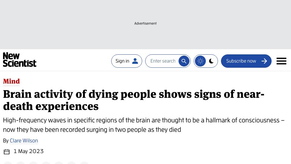 Screenshot of newscientist.com: Brain activity of dying people shows signs of near-death experiences