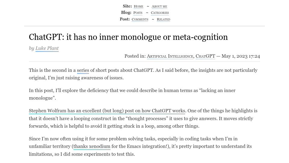 Screenshot of lukeplant.me.uk: ChatGPT has no inner monologue or meta-cognition