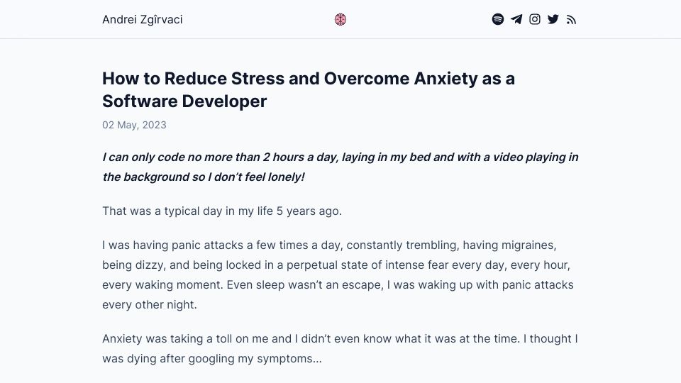 Screenshot of andreizgirvaci.com: How to Reduce Stress and Overcome Anxiety as a Software Developer
