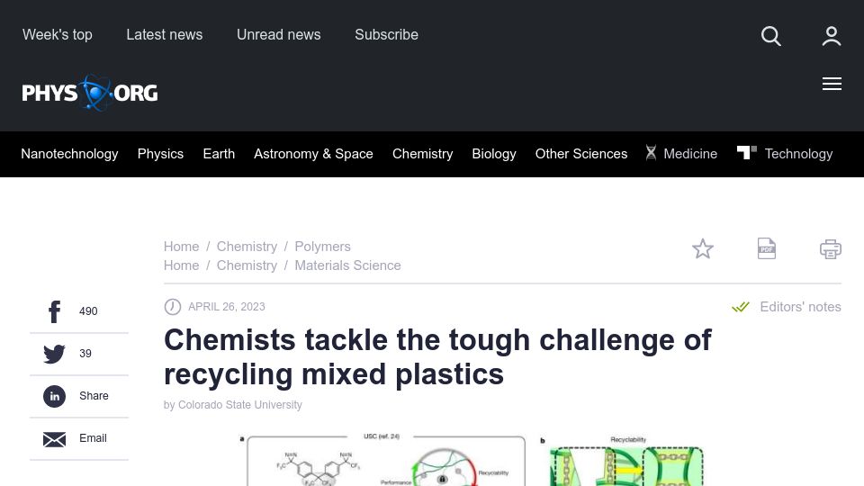 Screenshot of phys.org: Chemists tackle the tough challenge of recycling mixed plastics