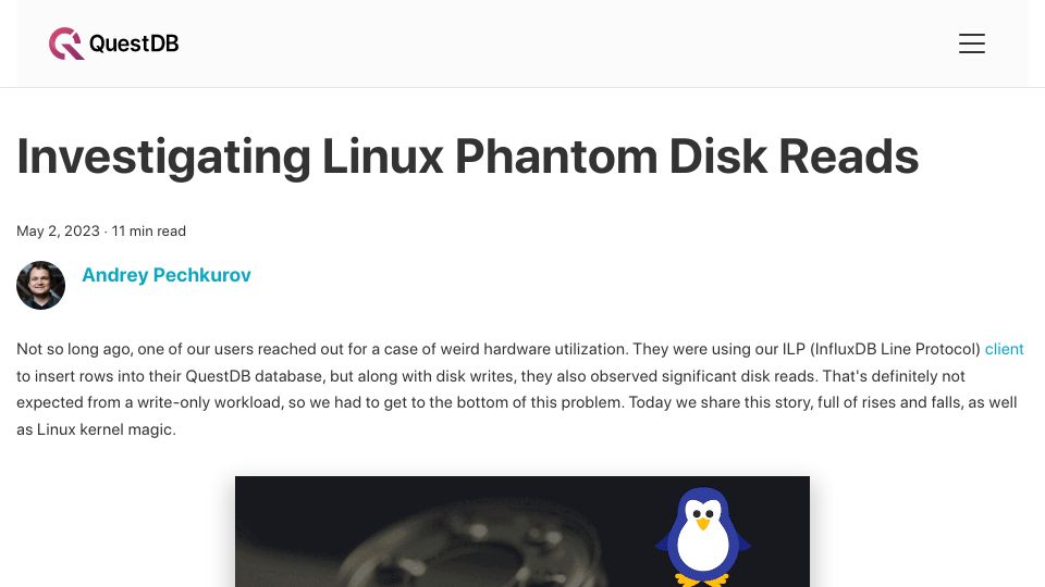Screenshot of questdb.io: Investigating Linux phantom disk reads