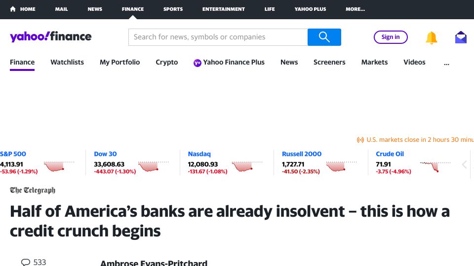 Screenshot of finance.yahoo.com: Half of America’s banks are already insolvent