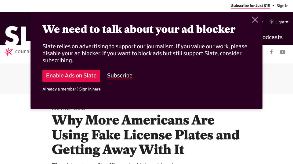 Screenshot of slate.com: More Americans are using fake license plates