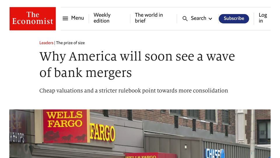 Screenshot of economist.com: America will soon see a wave of bank mergers?