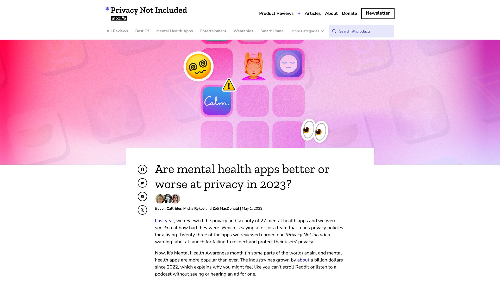 Screenshot of foundation.mozilla.org: Are mental health apps better or worse at privacy in 2023?