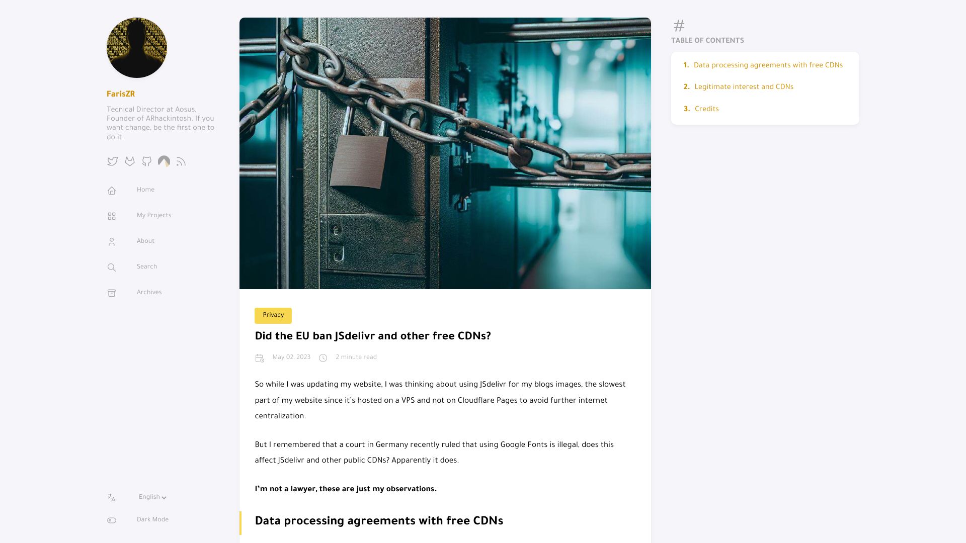Screenshot of fariszr.com: Did the EU ban JSdelivr and other free CDNs?
