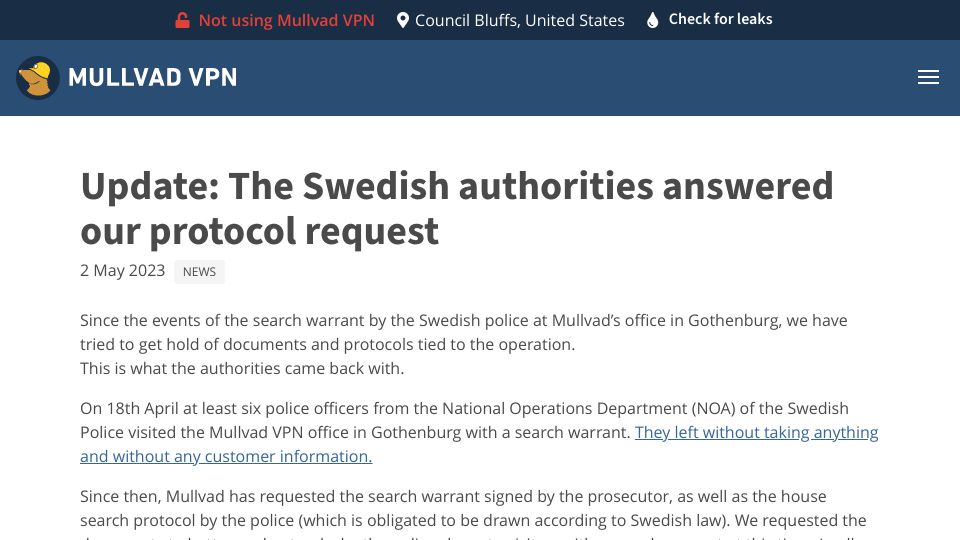 Screenshot of mullvad.net: Mullvad: Update regarding the search warrant from two weeks ago