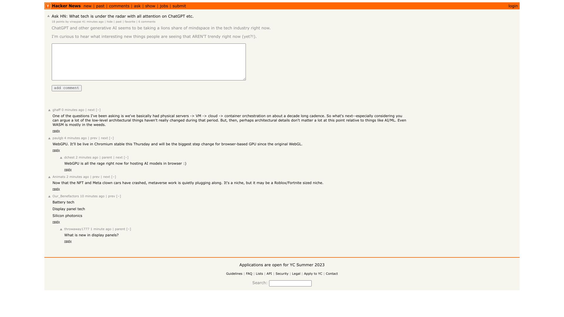 Screenshot of this Hacker News post: Ask HN: What tech is under the radar with all attention on ChatGPT etc.?