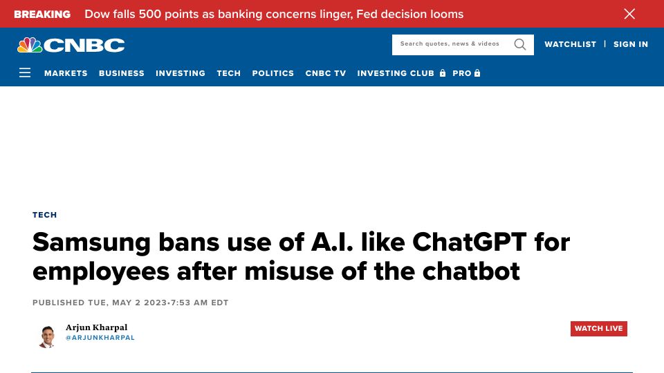 Screenshot of cnbc.com: Samsung bans use of A.I. like ChatGPT for employees