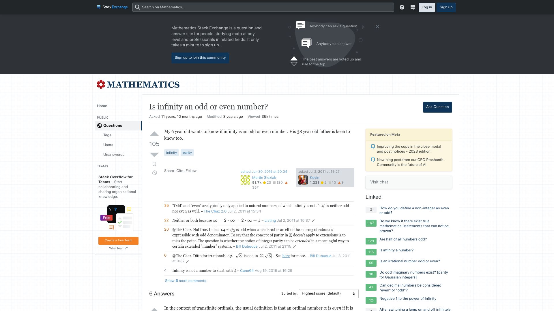 Screenshot of math.stackexchange.com: Is infinity an odd or even number? (2011)