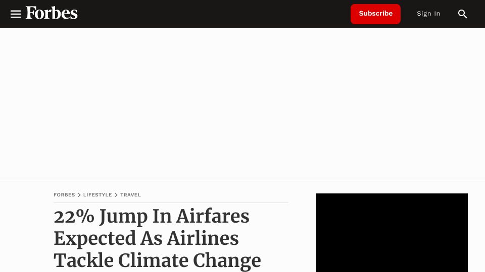 Screenshot of forbes.com: 22% jump in airfares expected as airlines tackle climate change