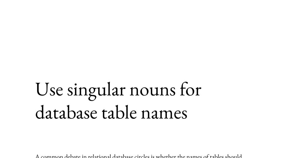Screenshot of teamten.com: Use singular nouns for database table names
