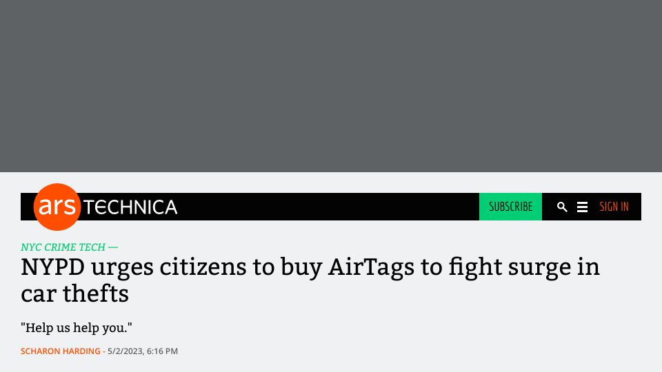 Screenshot of arstechnica.com: NYPD urges citizens to buy AirTags to fight surge in car thefts