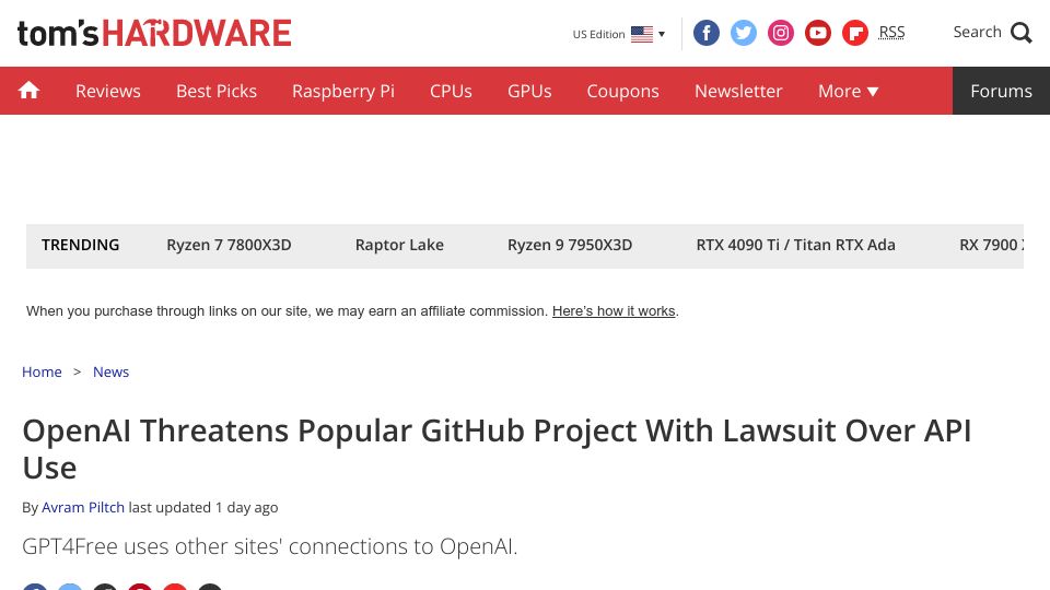 Screenshot of tomshardware.com: Gpt4free repo given takedown notice by OpenAI