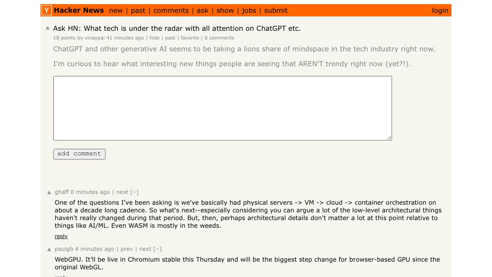 Screenshot of Hacker News post: Ask HN: What tech is under the radar with all attention on ChatGPT etc.?