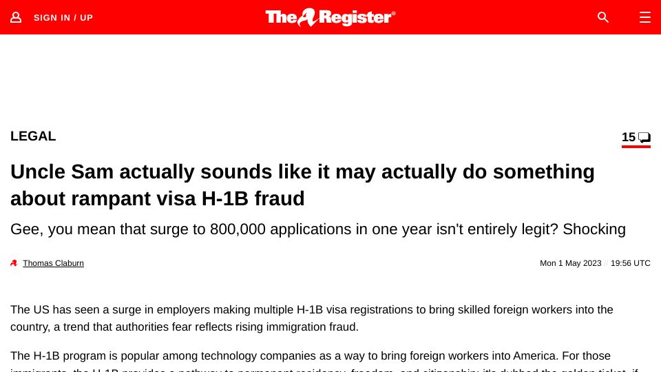Screenshot of theregister.com: Uncle Sam may do something about rampant visa H-1B fraud