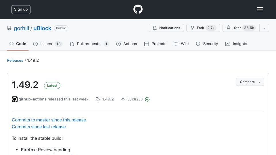 Screenshot of github.com: uBlock Origin 1.49.2 Available as Thunderbird Add-On
