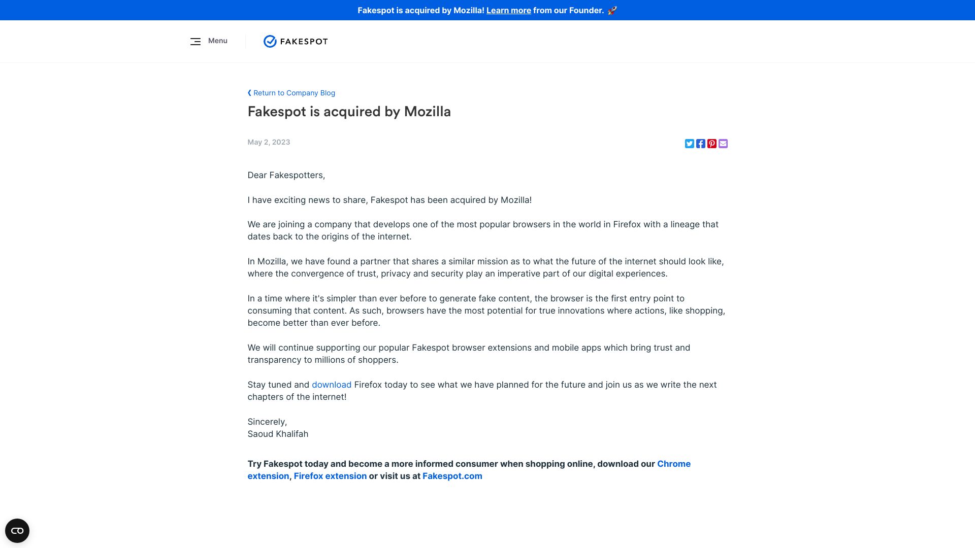 Screenshot of fakespot.com: Fakespot Is Acquired by Mozilla