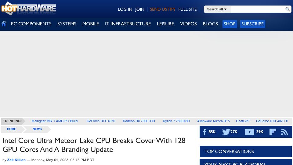 Screenshot of hothardware.com: Intel Core Ultra Meteor Lake CPU Breaks Cover with 128 GPU Cores