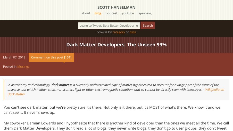 Screenshot of hanselman.com: Dark Matter Developers: The Unseen 99% (2012)