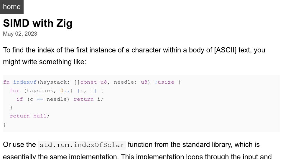 Screenshot of openmymind.net: SIMD with Zig