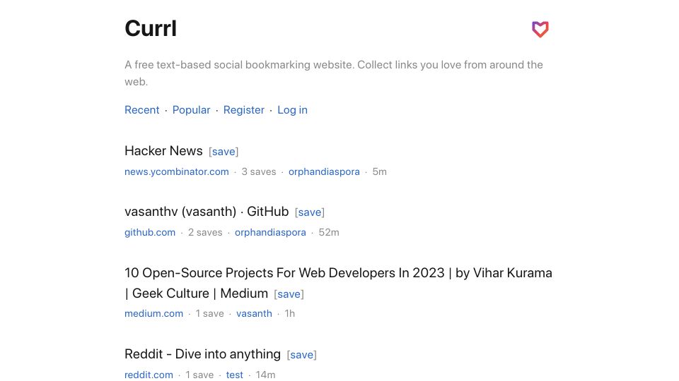 Screenshot of currl.io: Show HN: Currl – A free text-based social bookmarking website