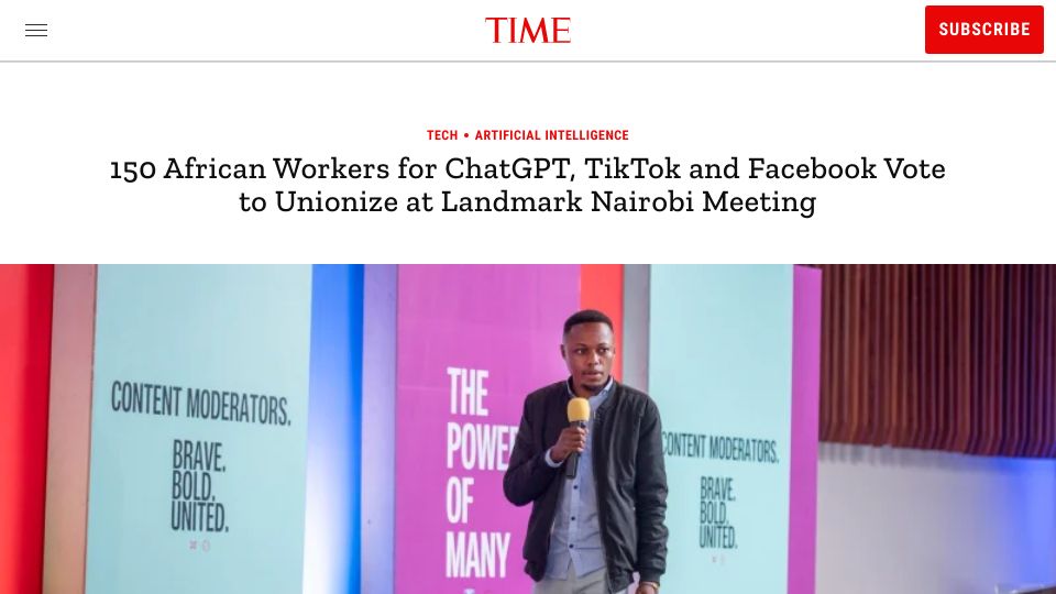 Screenshot of time.com: African Workers for ChatGPT, TikTok and Facebook Vote to Unionize