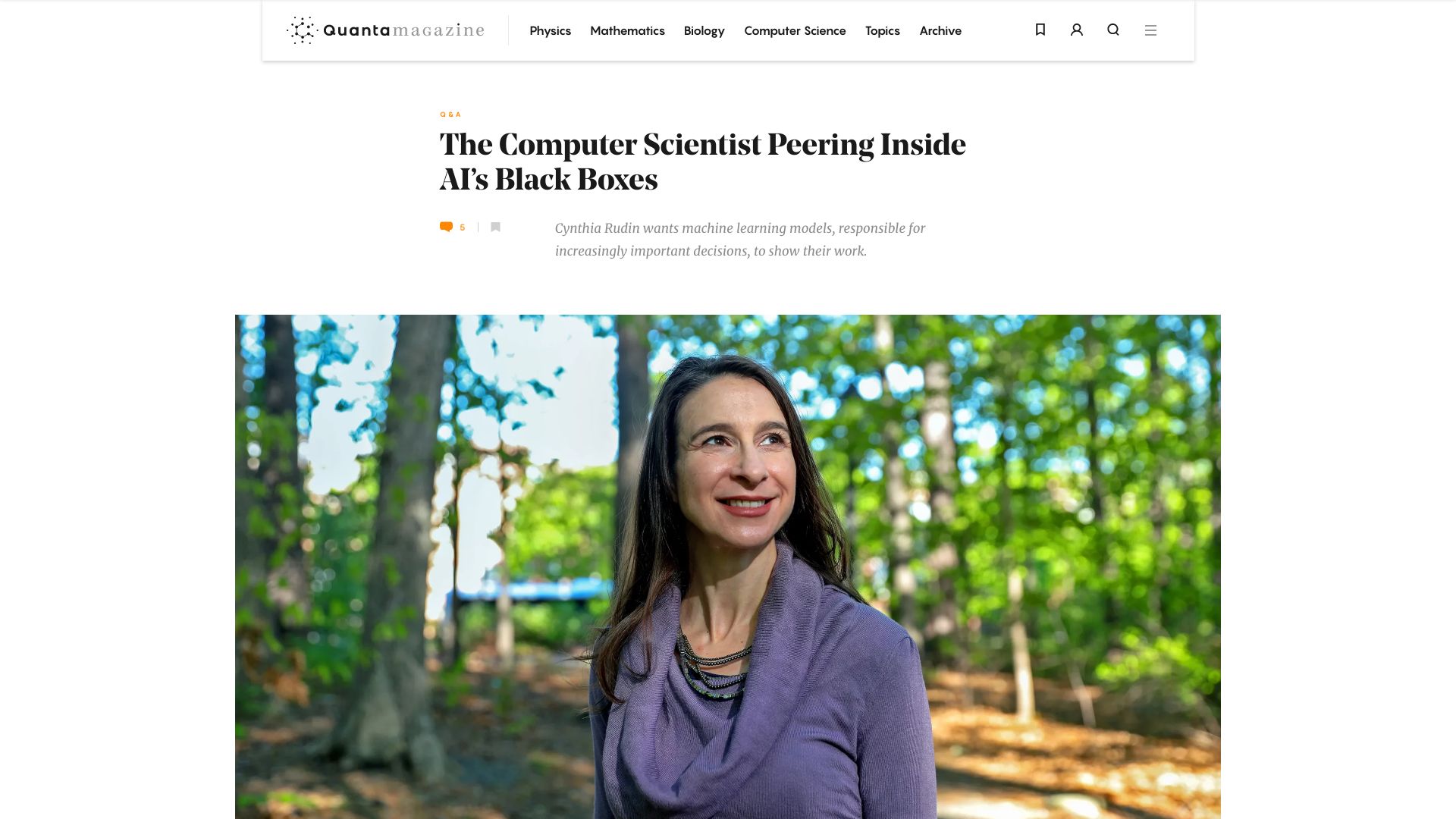 Screenshot of quantamagazine.org: Cynthia Rudin and interpretable ML models