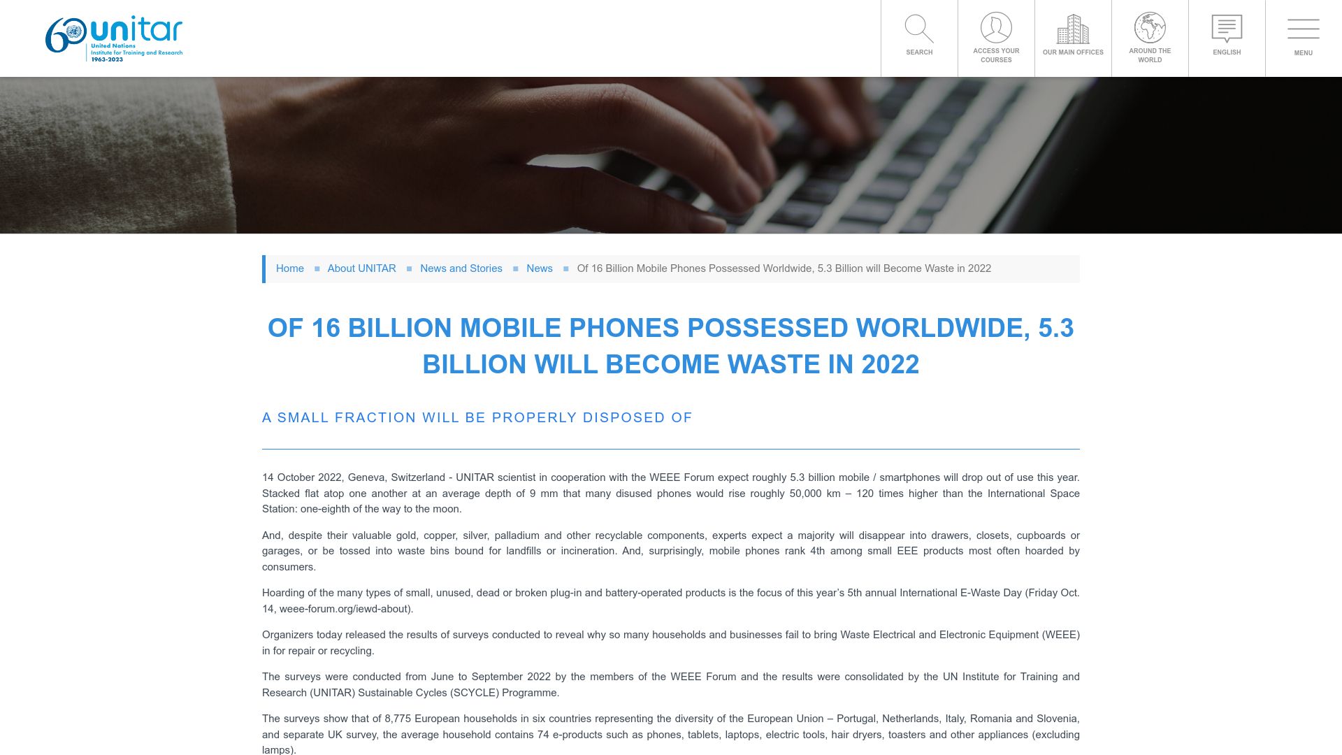 Screenshot of unitar.org: 5.3B Mobile Phones Will Become Waste in 2022