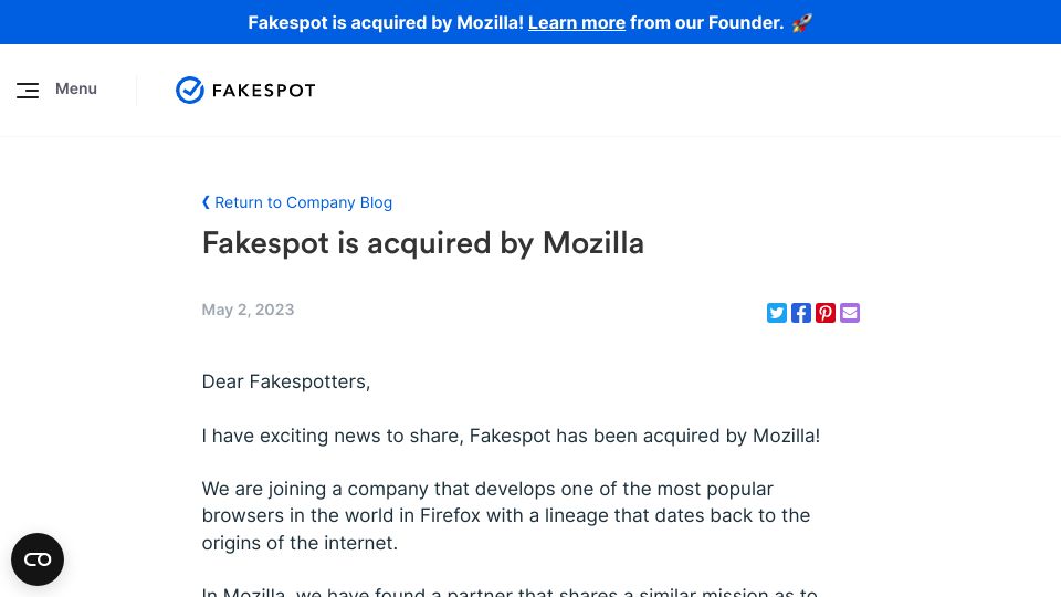 Screenshot of fakespot.com: Fakespot Is Acquired by Mozilla