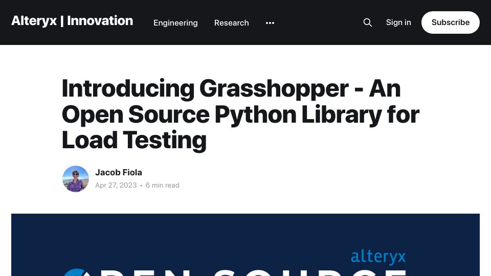 Screenshot of innovation.alteryx.com: Grasshopper – An open-source Python library for load testing